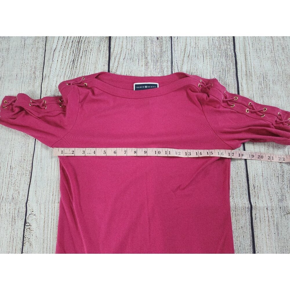 Karen Scott Women's Top Size Medium Pink Fuscia Boatneck Lace up Sleeves - Picture 5 of 6